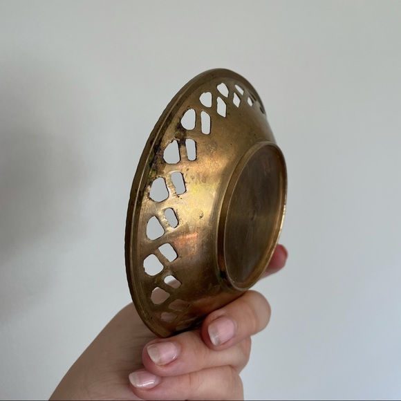 Vintage Solid Brass Pierced Bowl – Raised Floral Rose Motif – Ornate Decorative - Picture 4 of 13